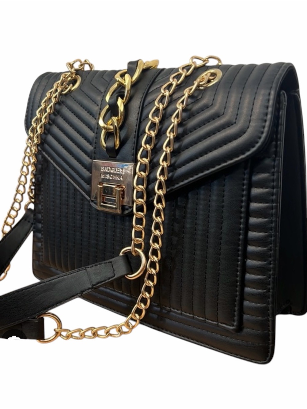 Badgley Mischka Black Quilted Shoulder Bag with Gold Chain Detail
